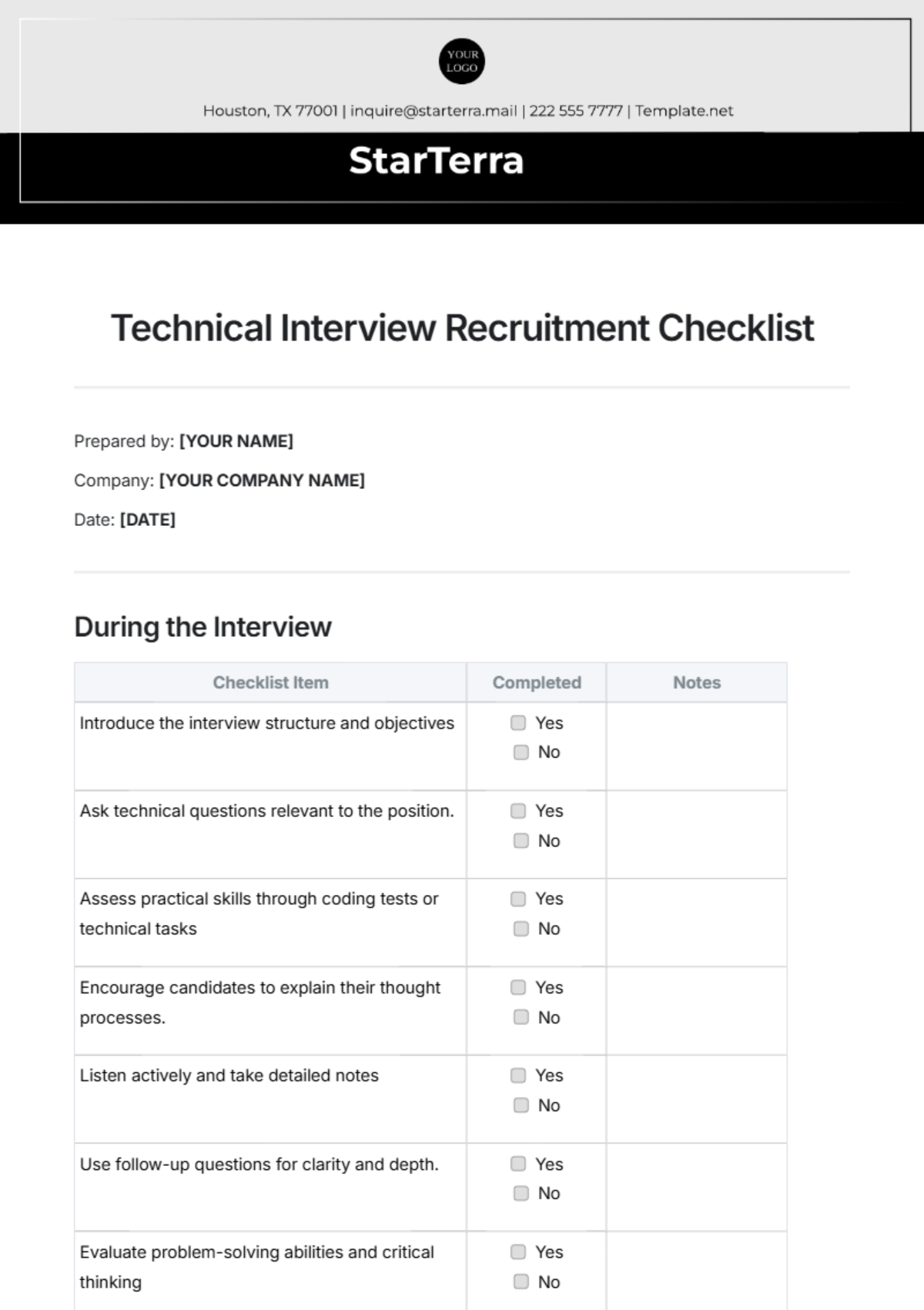 Technical Interview Recruitment Checklist Template