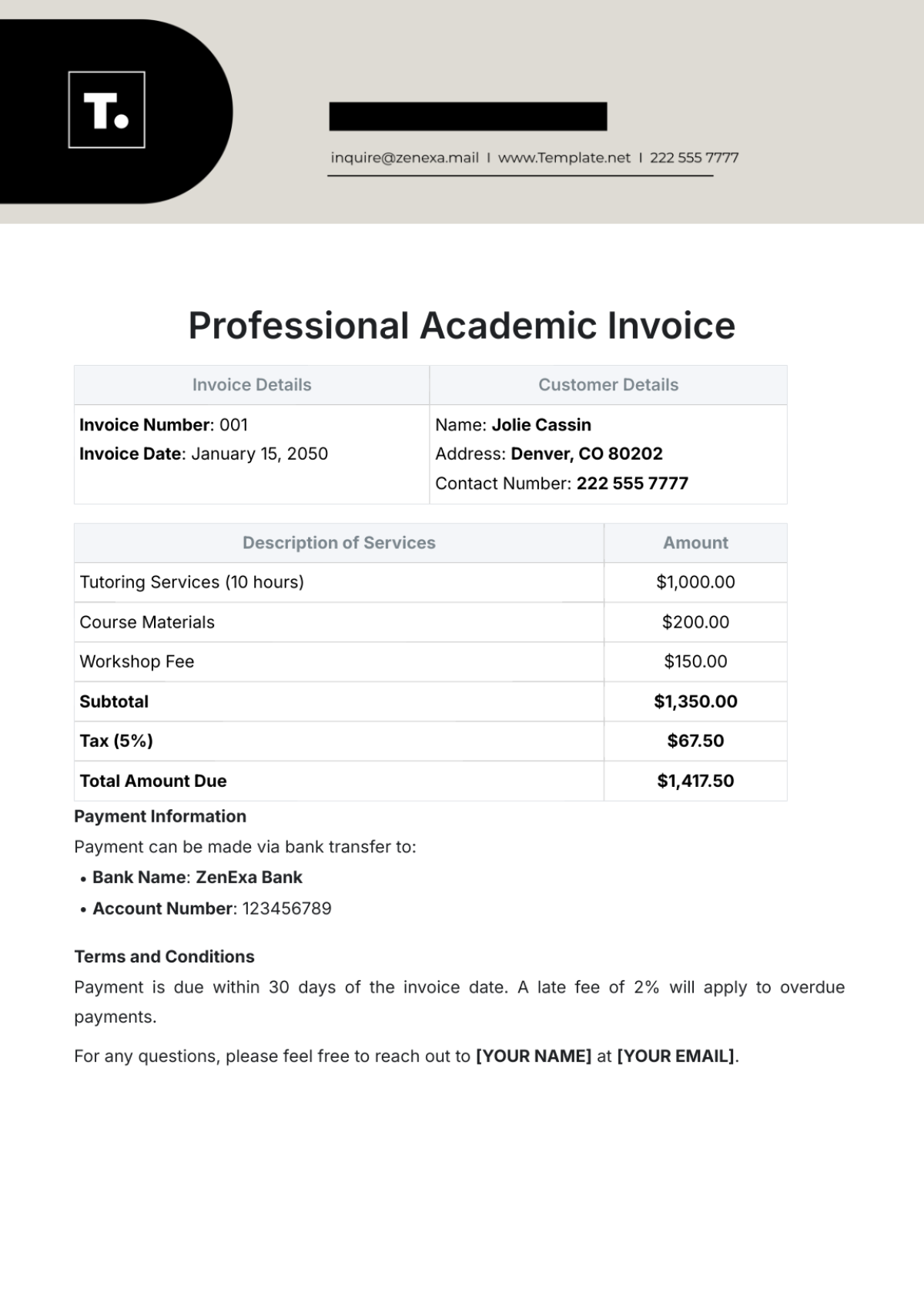 Professional Academic Invoice Template - Edit Online & Download