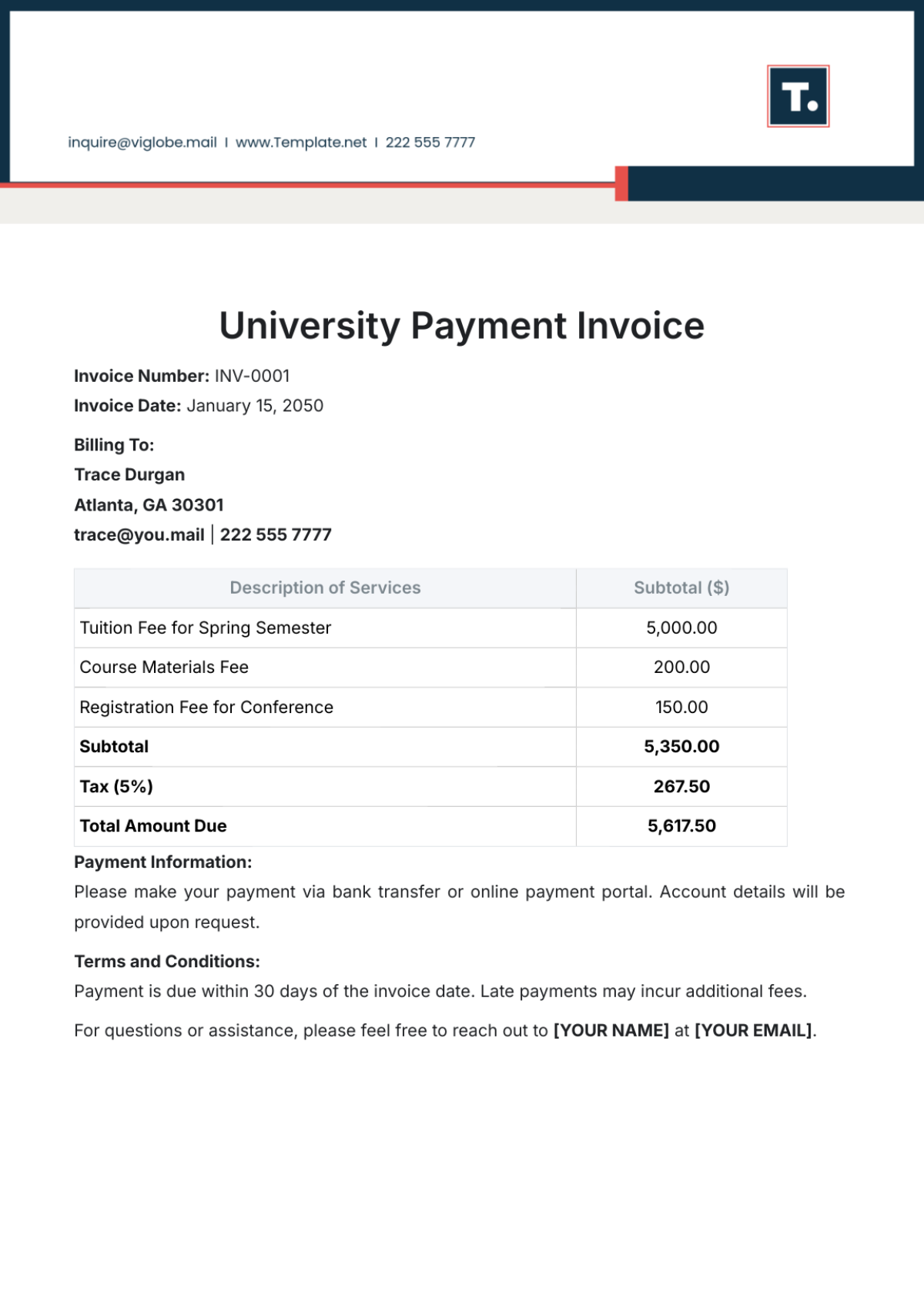 University Payment Invoice Template - Edit Online & Download