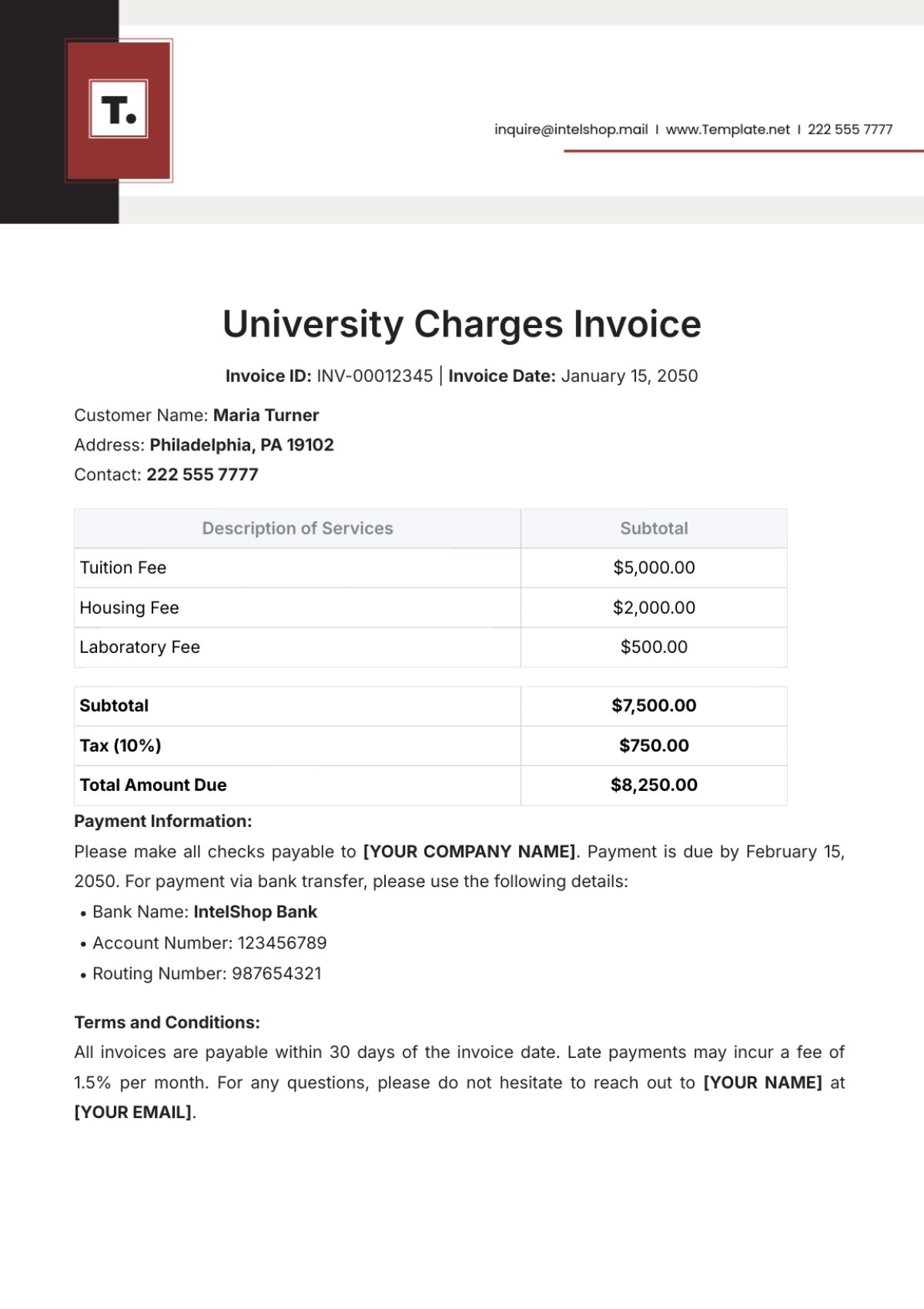 University Charges Invoice Template - Edit Online & Download