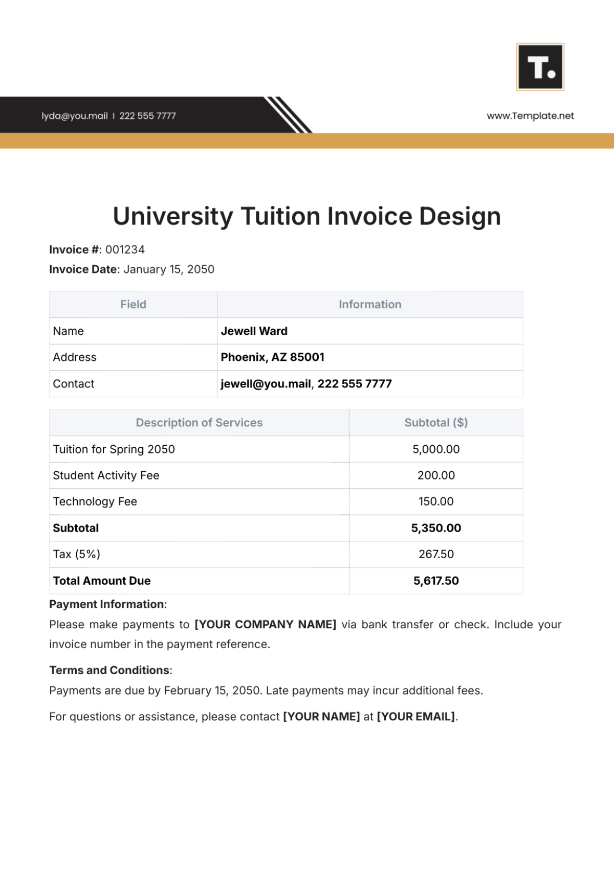 University Tuition Invoice Design Template - Edit Online & Download