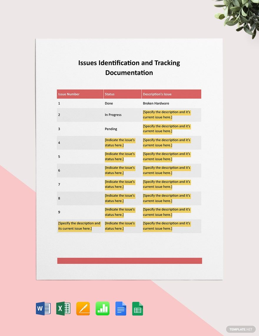 Issues Identification & Tracking Document Template in Word, Google Docs, Excel, Google Sheets, Apple Pages, Apple Numbers