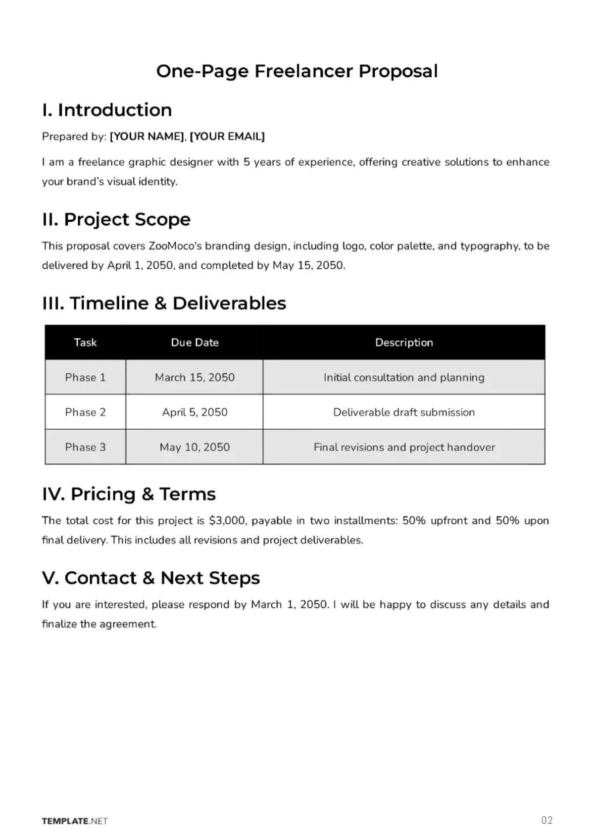 Free One-Page Freelancer Proposal Template to Edit Online