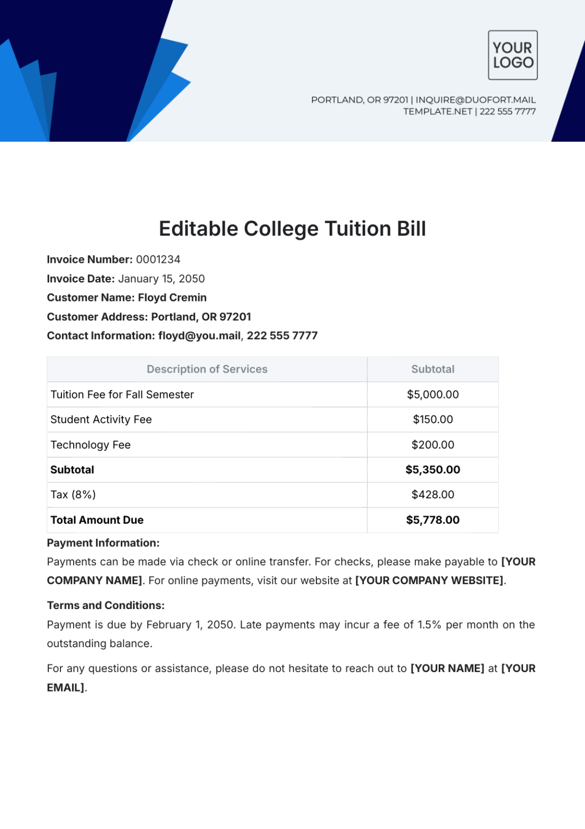 Editable College Tuition Bill Template - Edit Online & Download