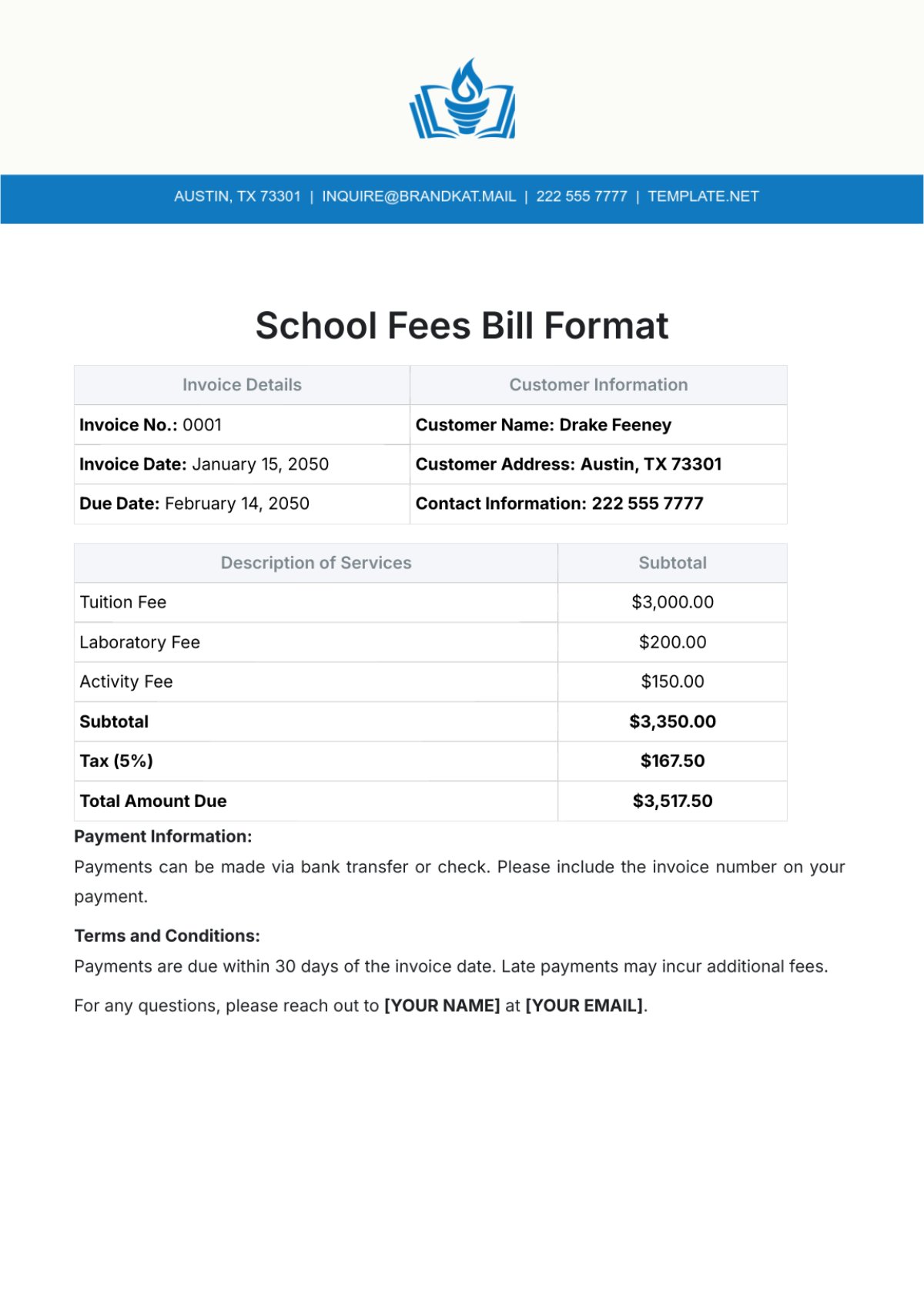 School Fees Bill Format Template - Edit Online & Download