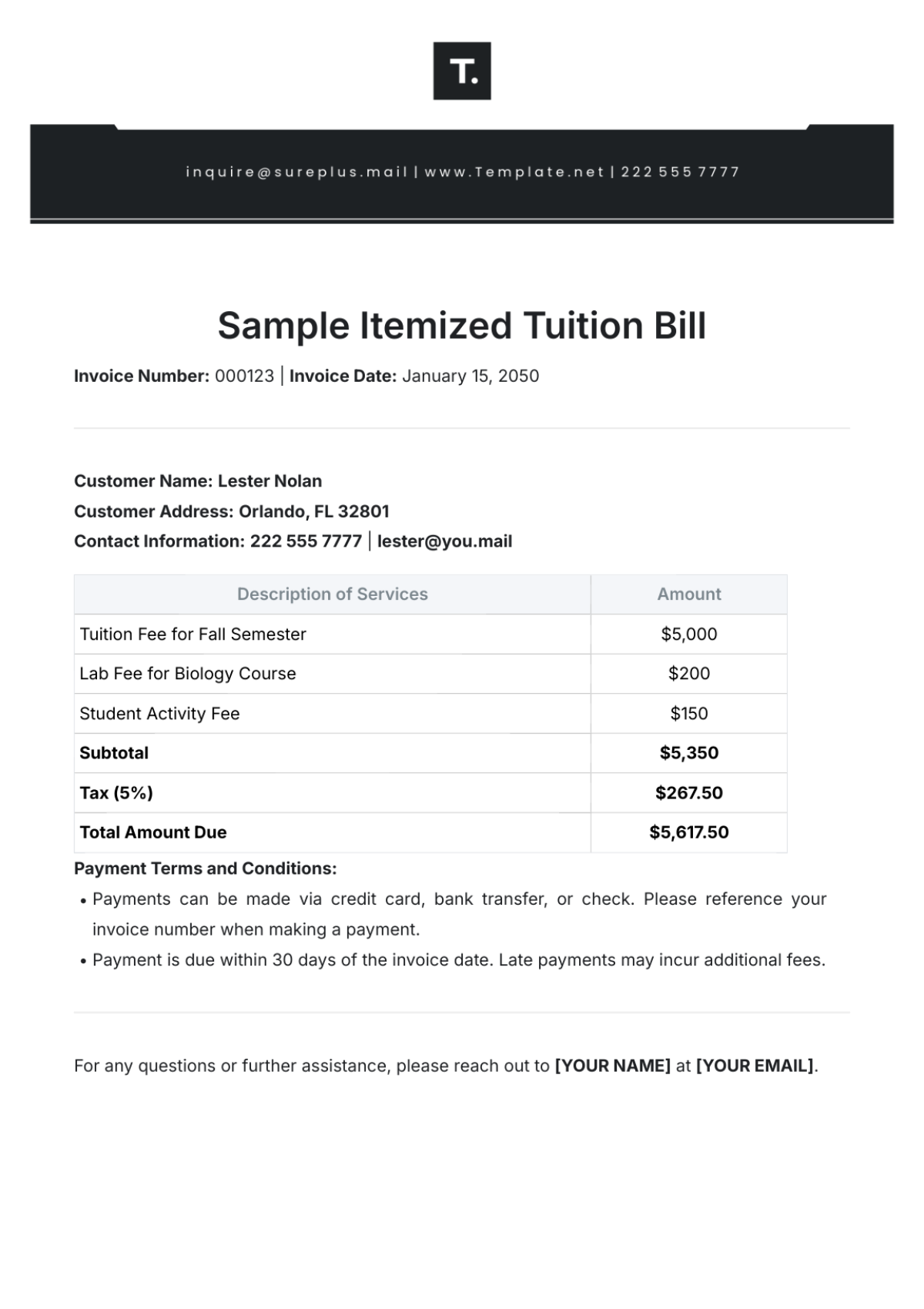 Sample Itemized Tuition Bill Template - Edit Online & Download