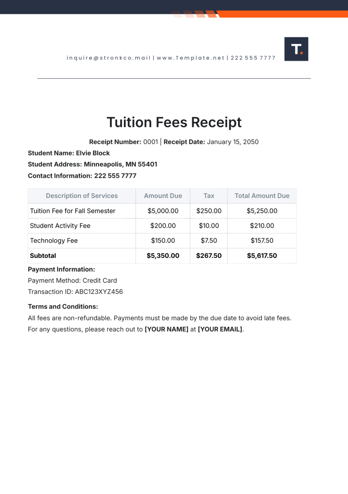 Tuition Fees Receipt Template - Edit Online & Download