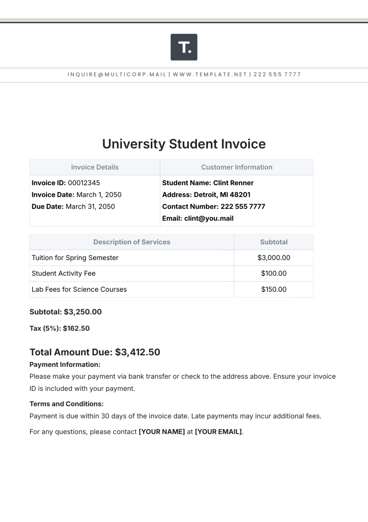 University Student Invoice Template - Edit Online & Download