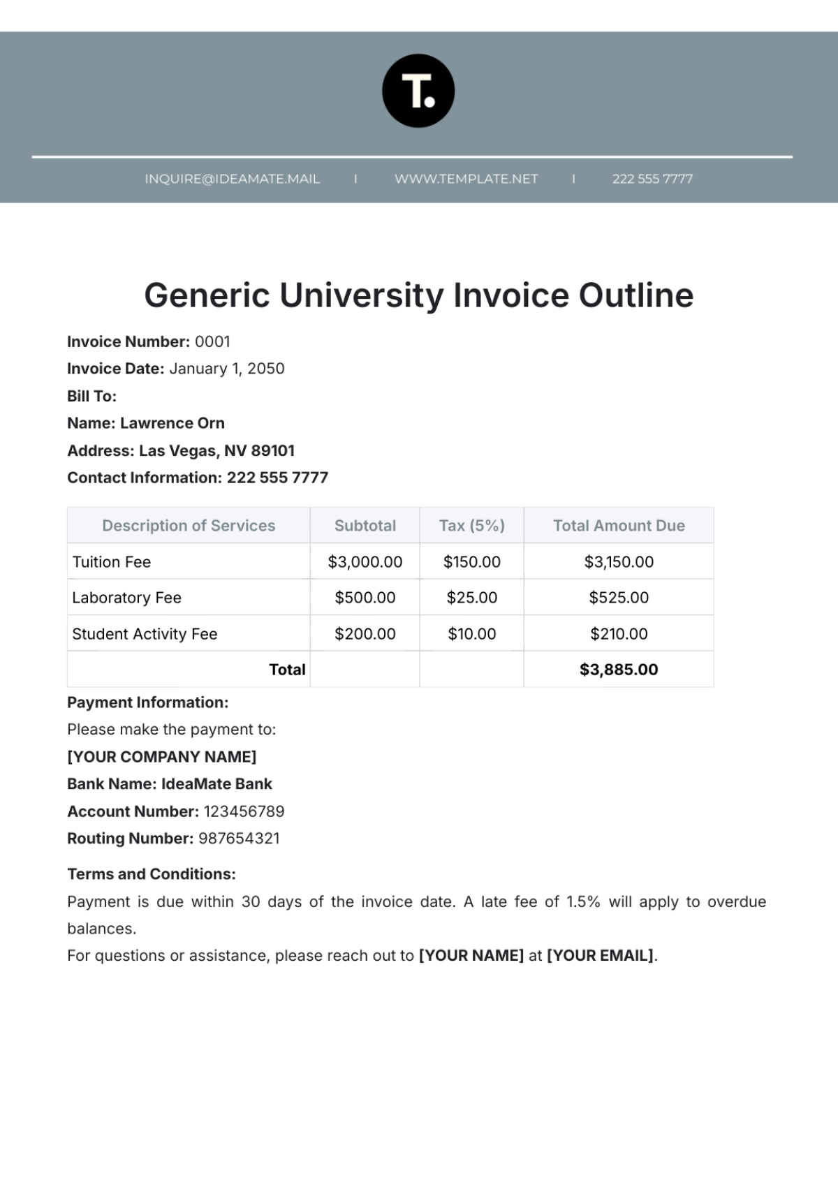 Generic University Invoice Outline Template - Edit Online & Download