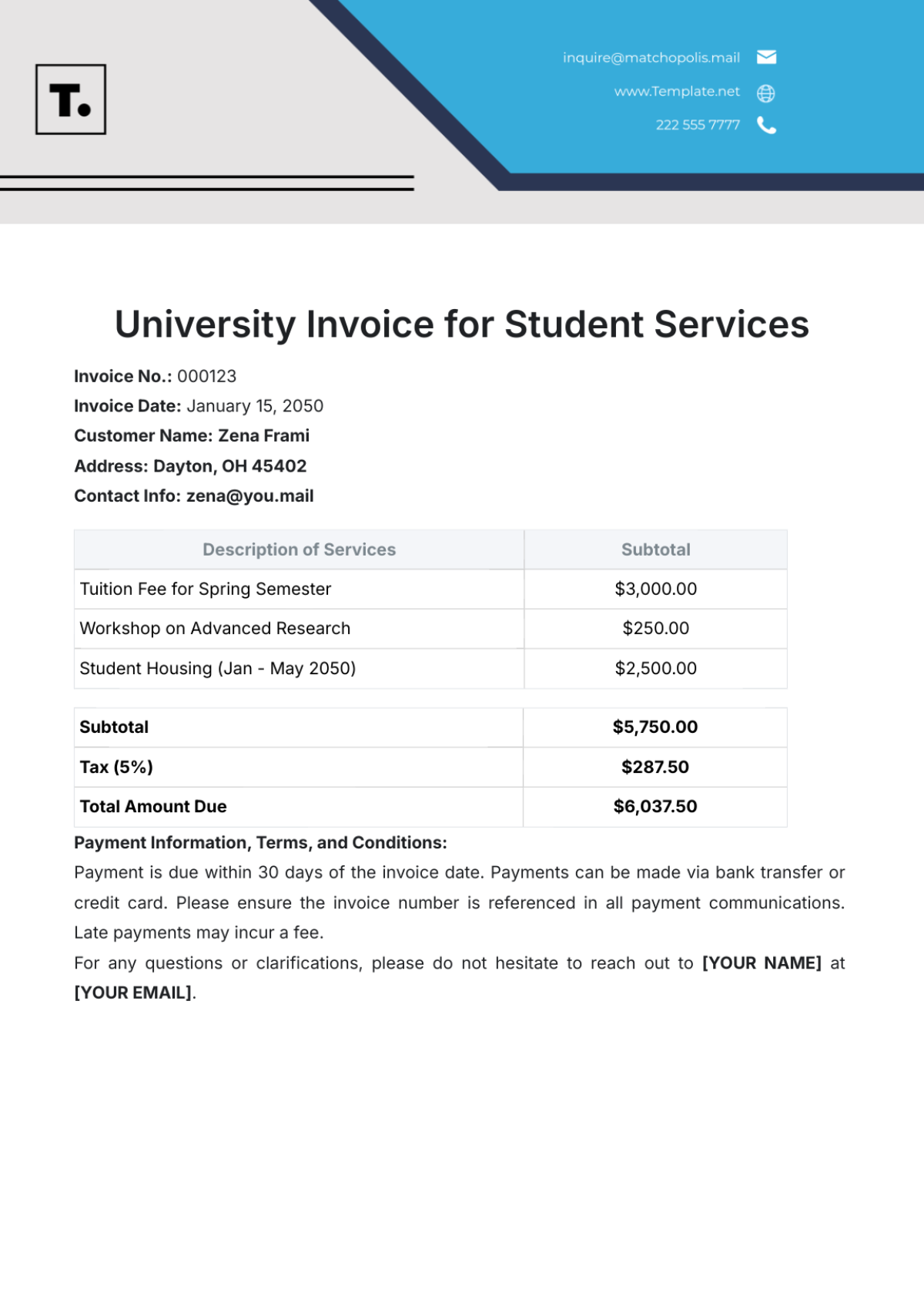 University Invoice Template for Student Services - Edit Online & Download