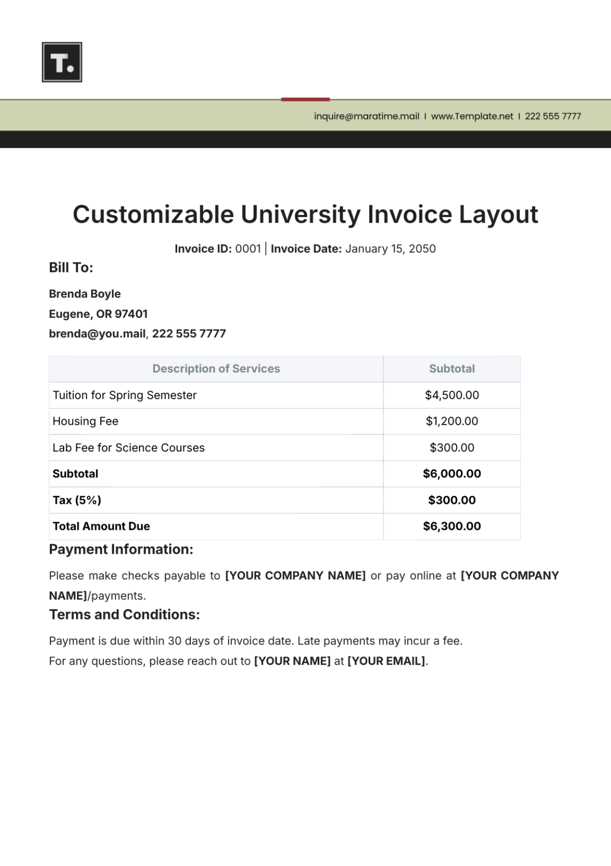 Customizable University Invoice Layout Template - Edit Online & Download