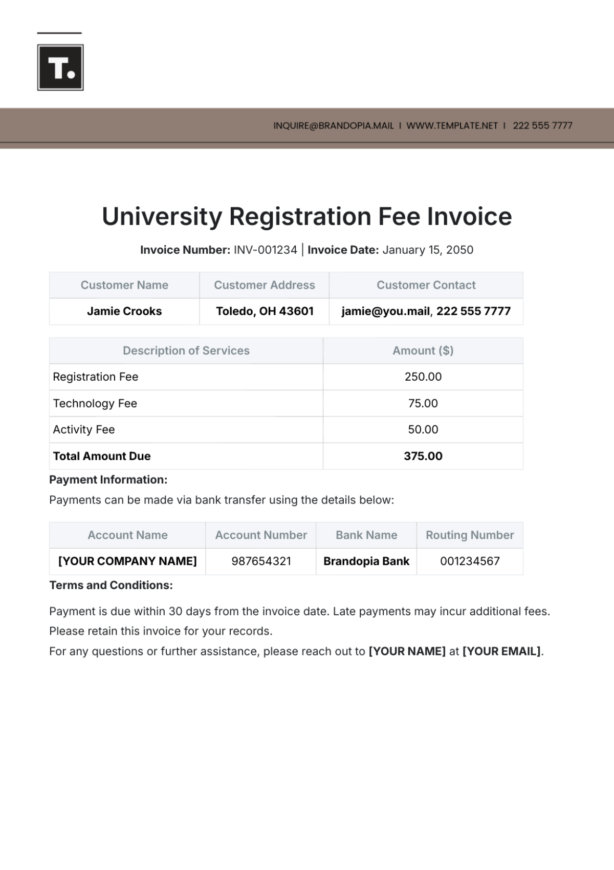 University Registration Fee Invoice Template - Edit Online & Download