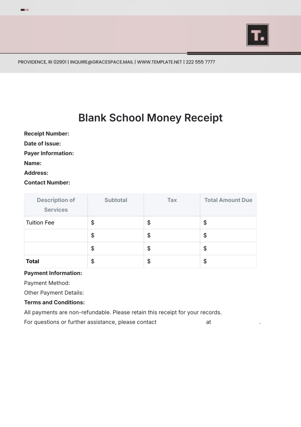 Blank School Money Receipt Template - Edit Online & Download