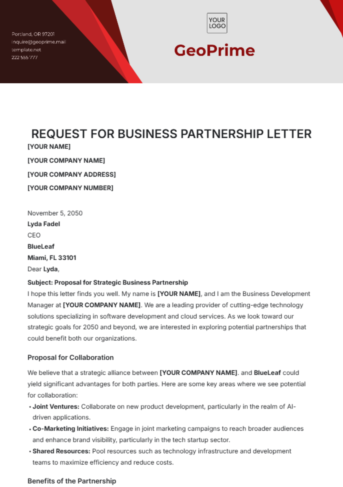 Request for Business Partnership Letter Template