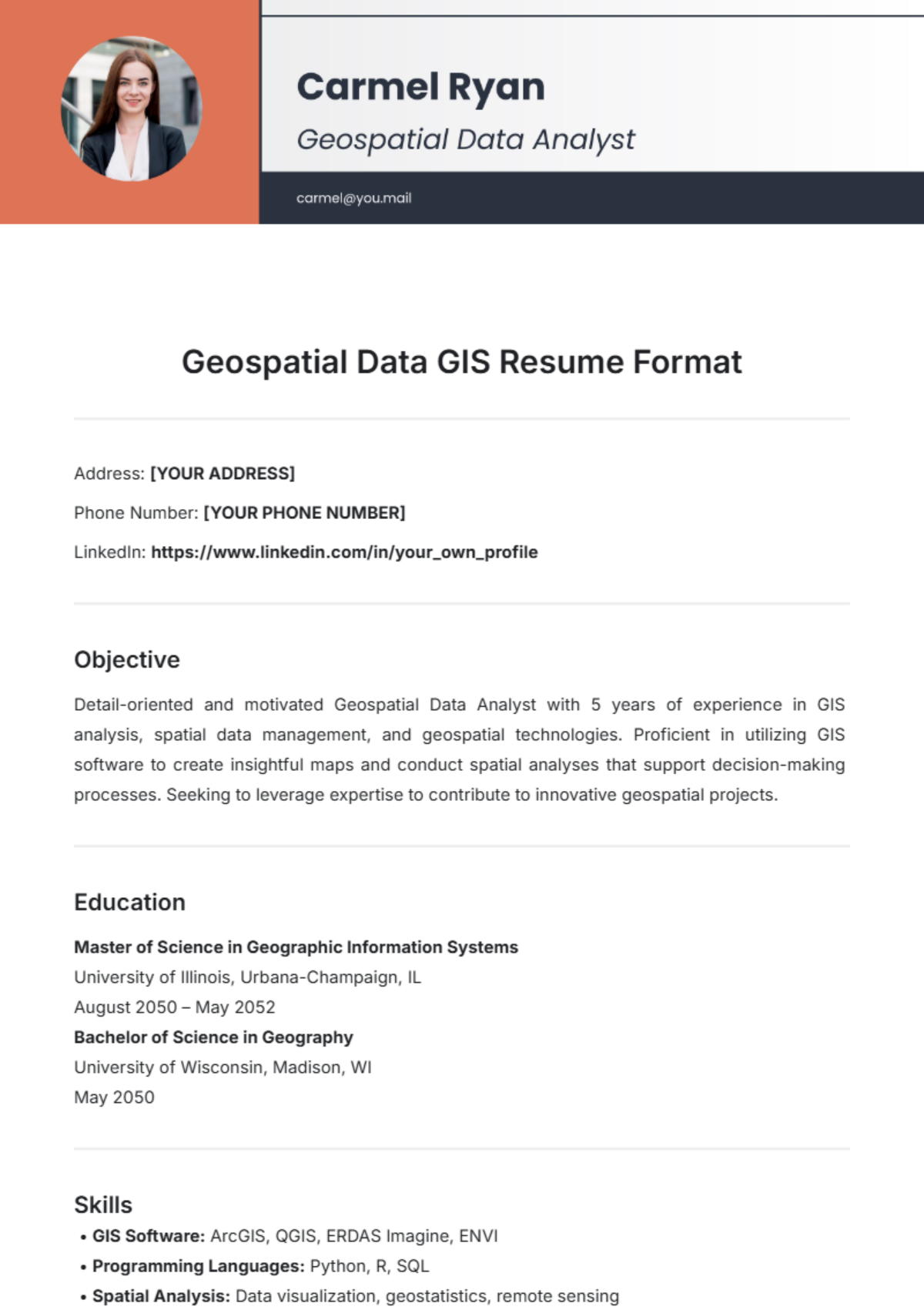 Geospatial Data GIS Resume Format Template