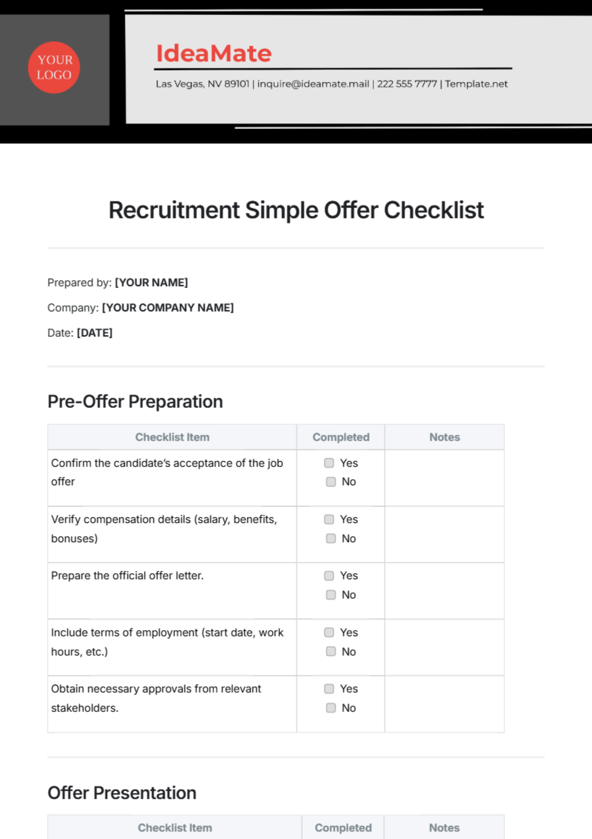 Recruitment Simple Offer Checklist Template