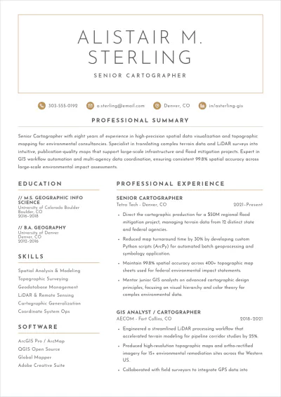 Free Cartographer Design GIS ATS Resume Template, AI Resume Builder