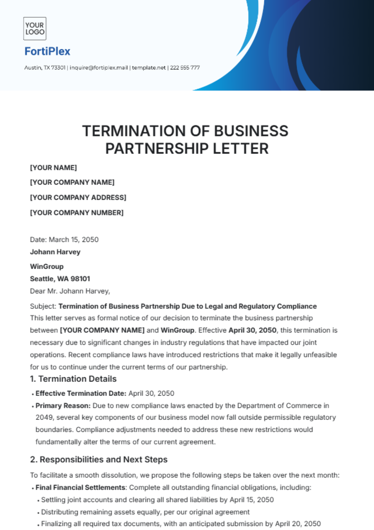 Termination of Business Partnership Letter Template