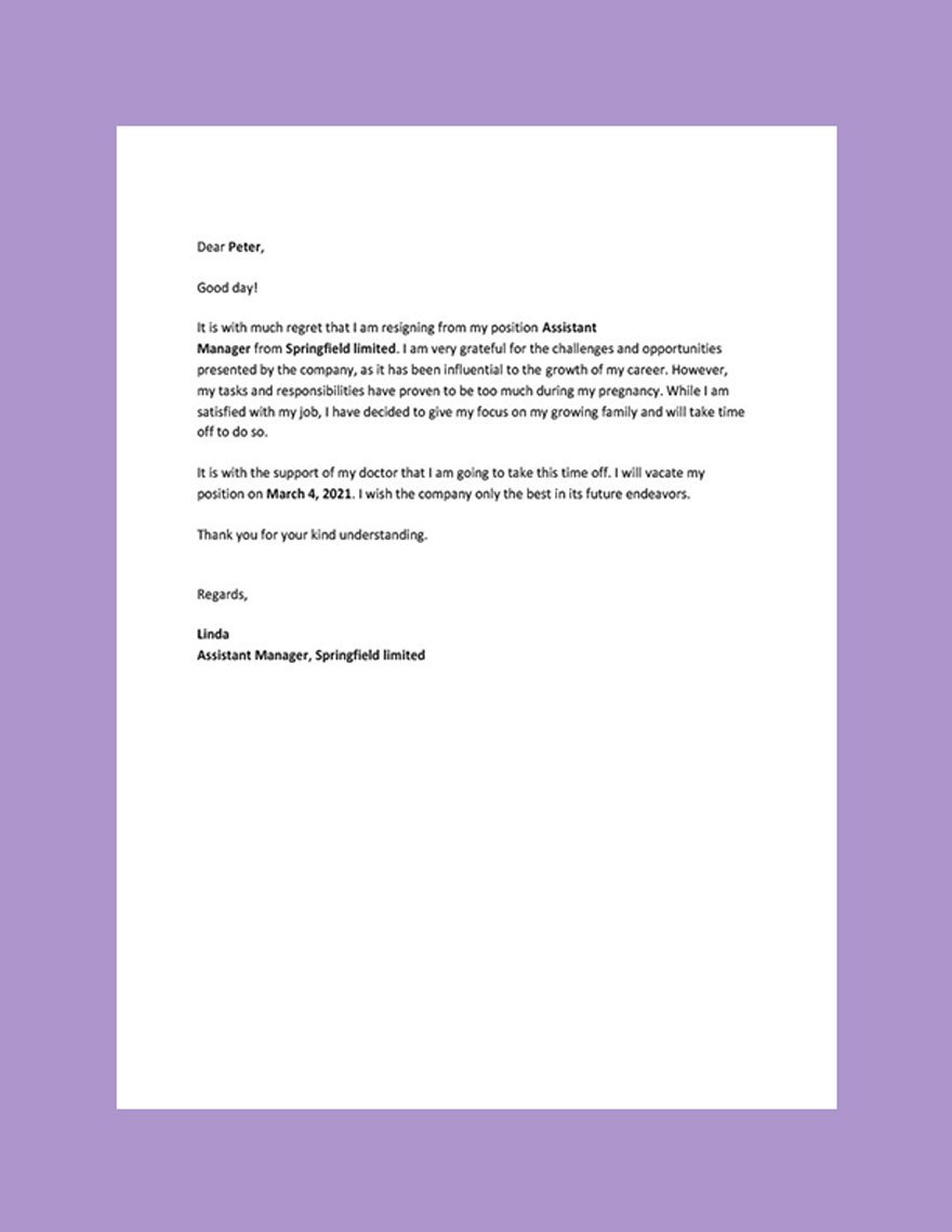 Resignation Letter Template due to Pregnancy