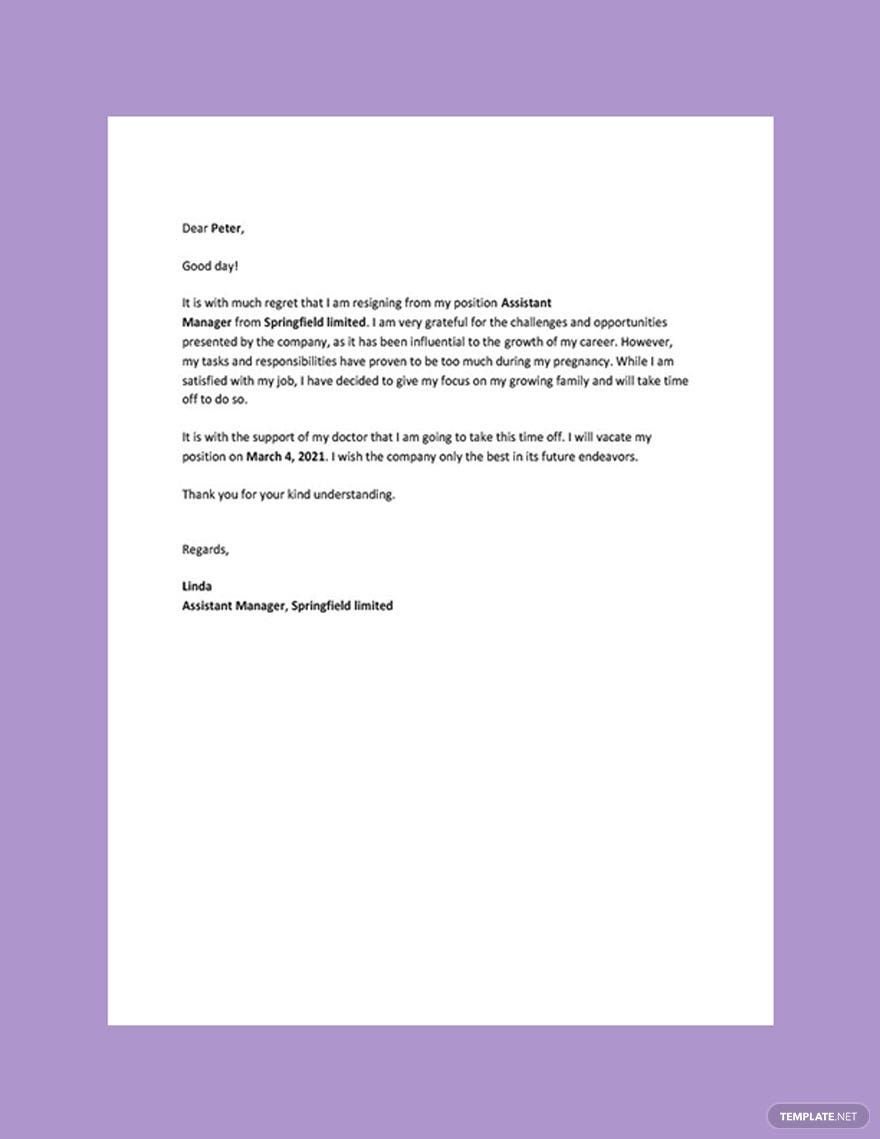 Resignation Letter due to Pregnancy in Word, Google Docs, PDF
