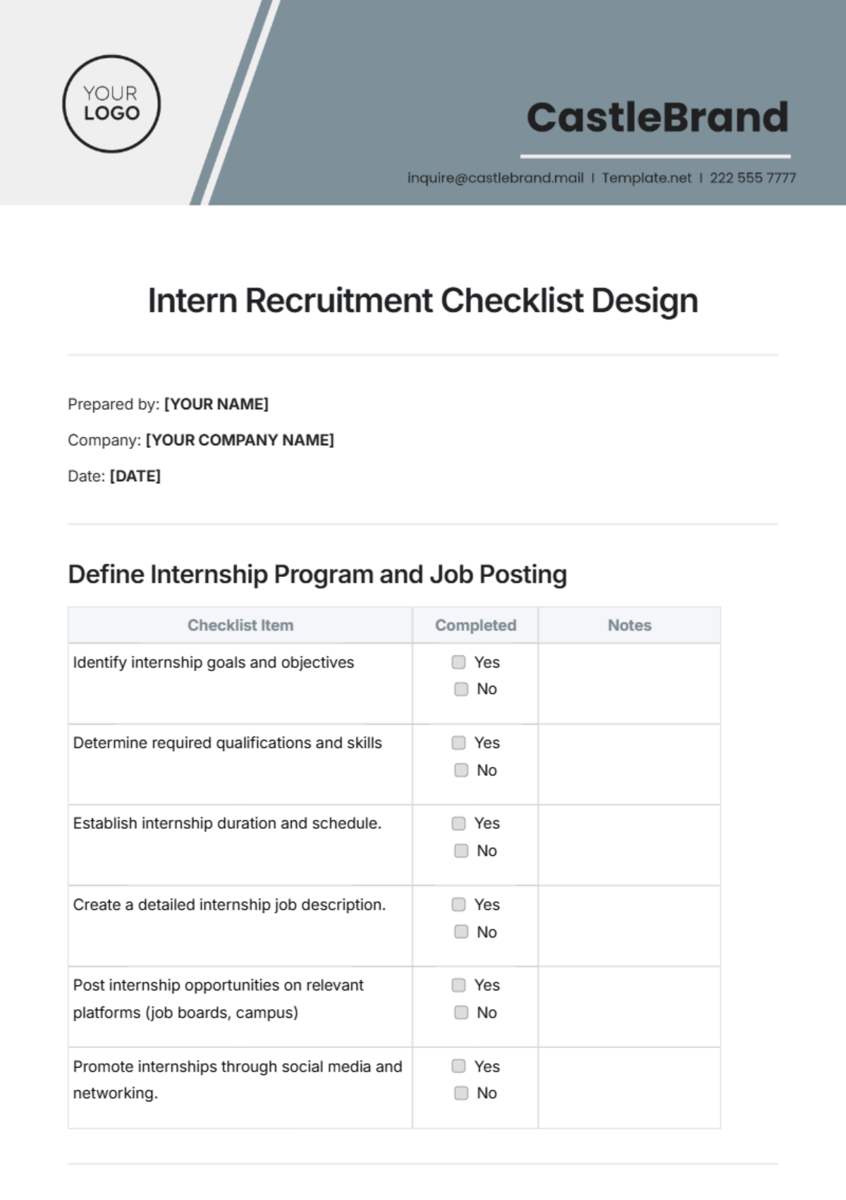 Intern Recruitment Checklist Design Template