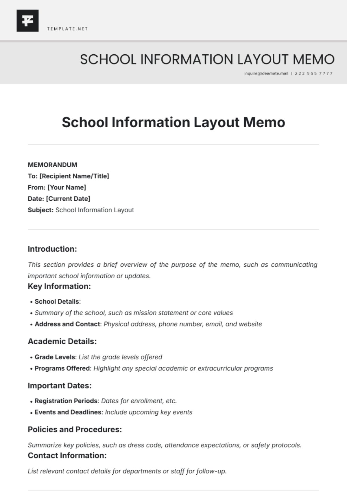 School Information Layout Memo Template