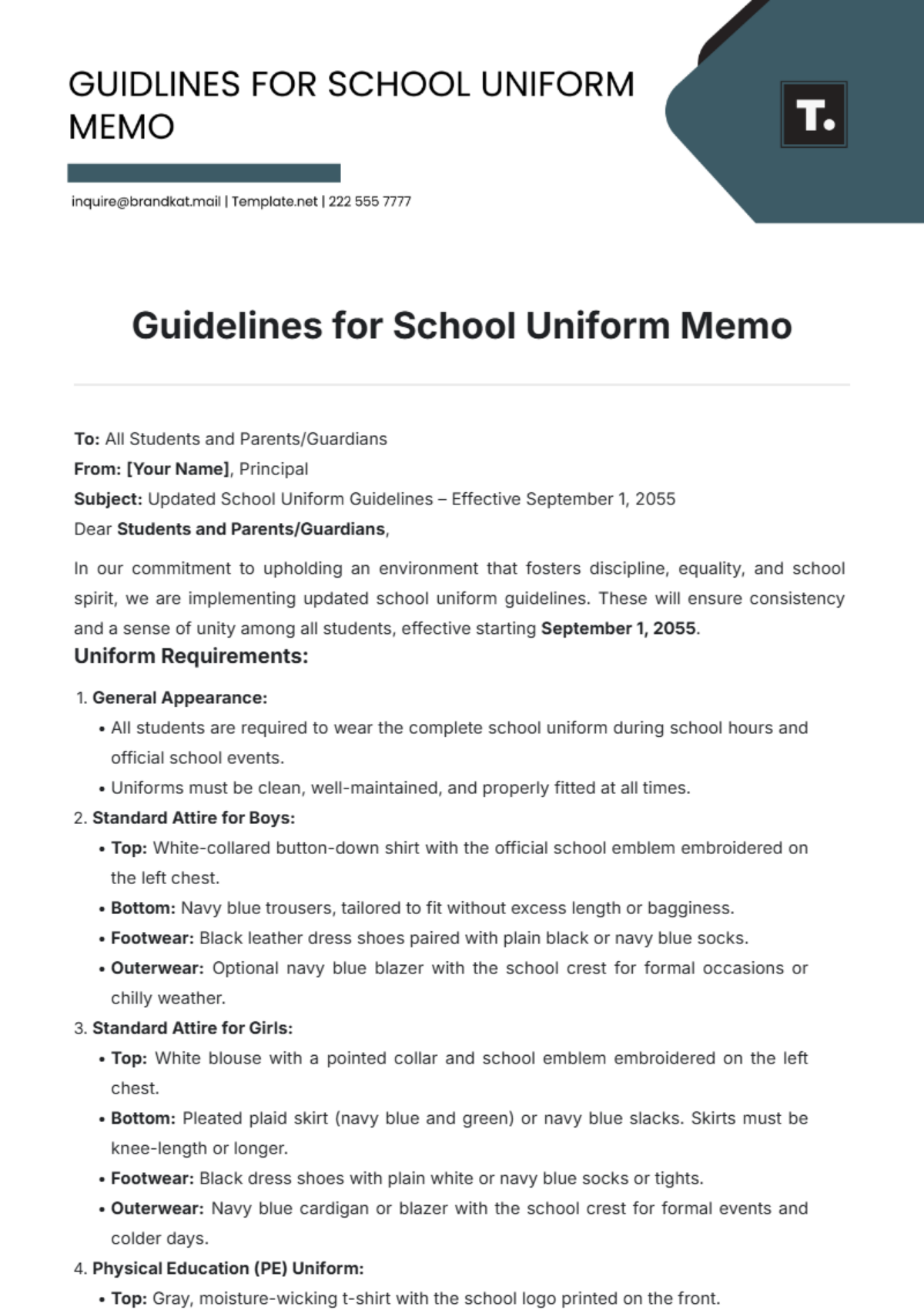 Guidelines for School Uniform Memo Template