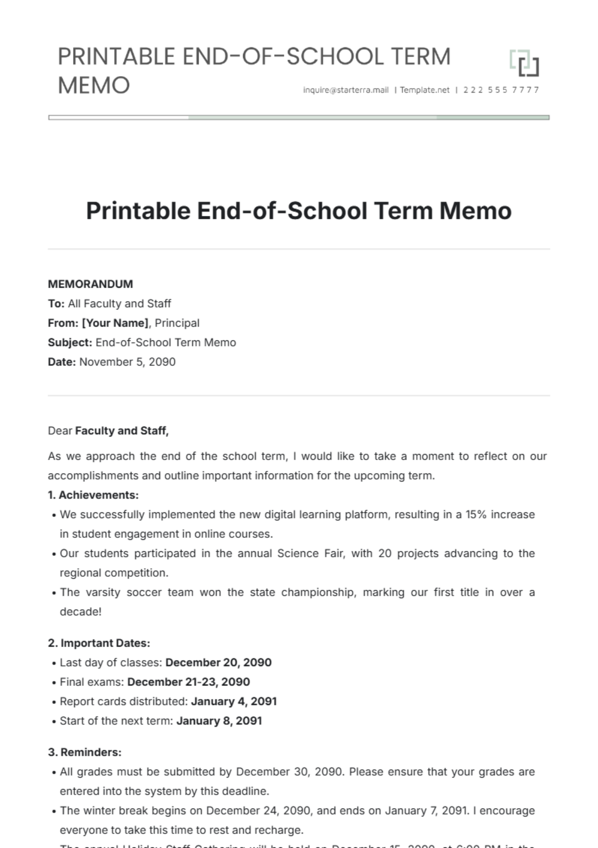 Printable End-of-School Term Memo Template