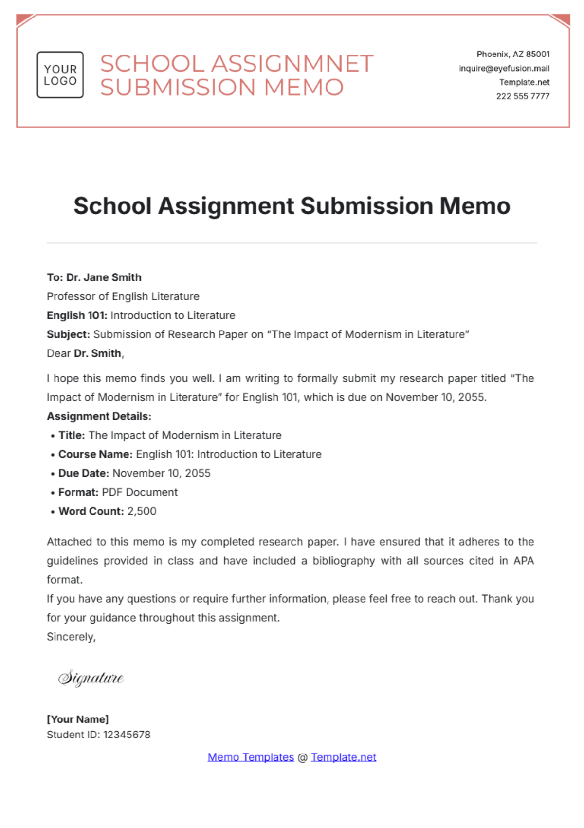 School Assignment Submission Memo Template