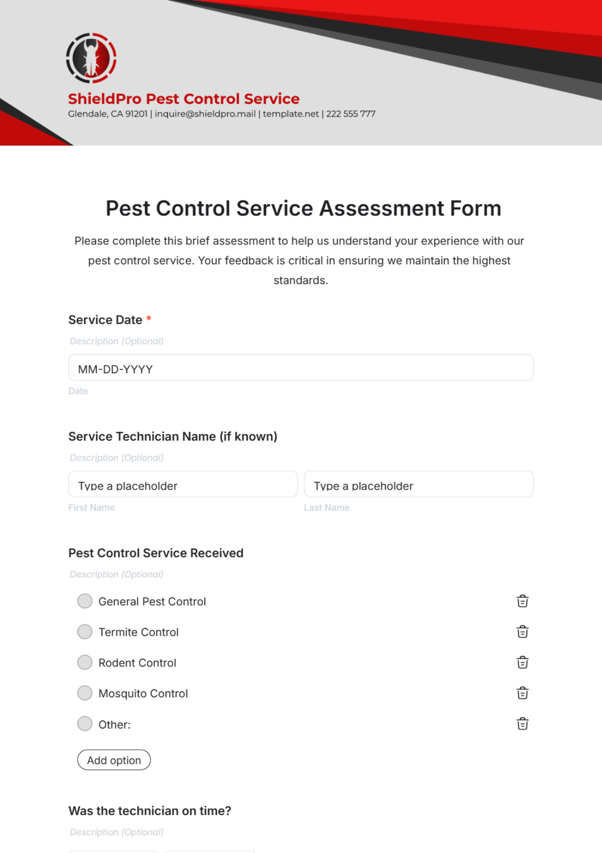 Pest Control Service Assessment Form Template