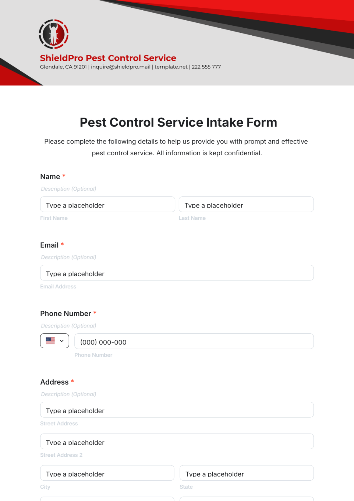 Pest Control Service Intake Form Template