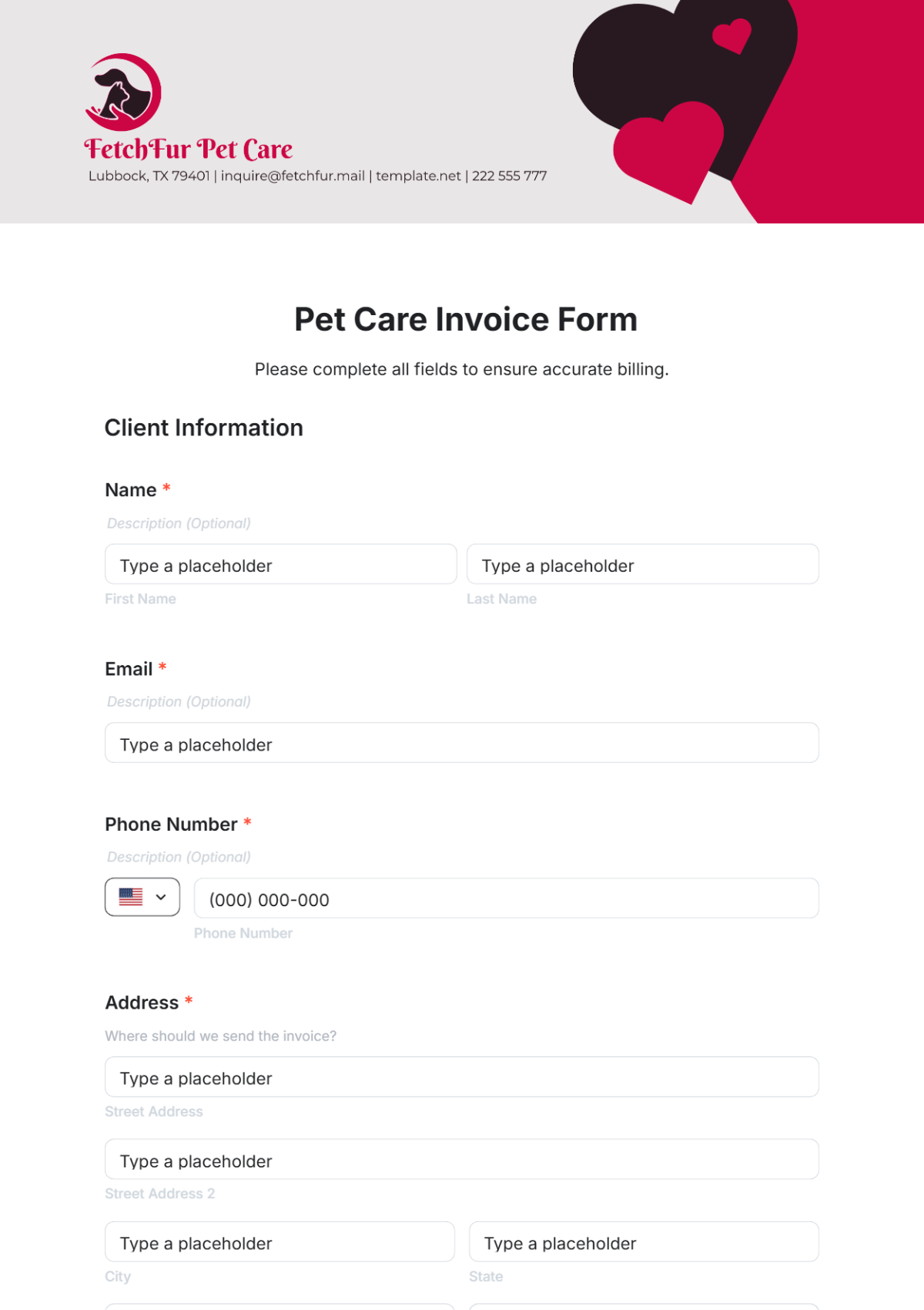 Pet Care Invoice Form Template - Edit Online & Download