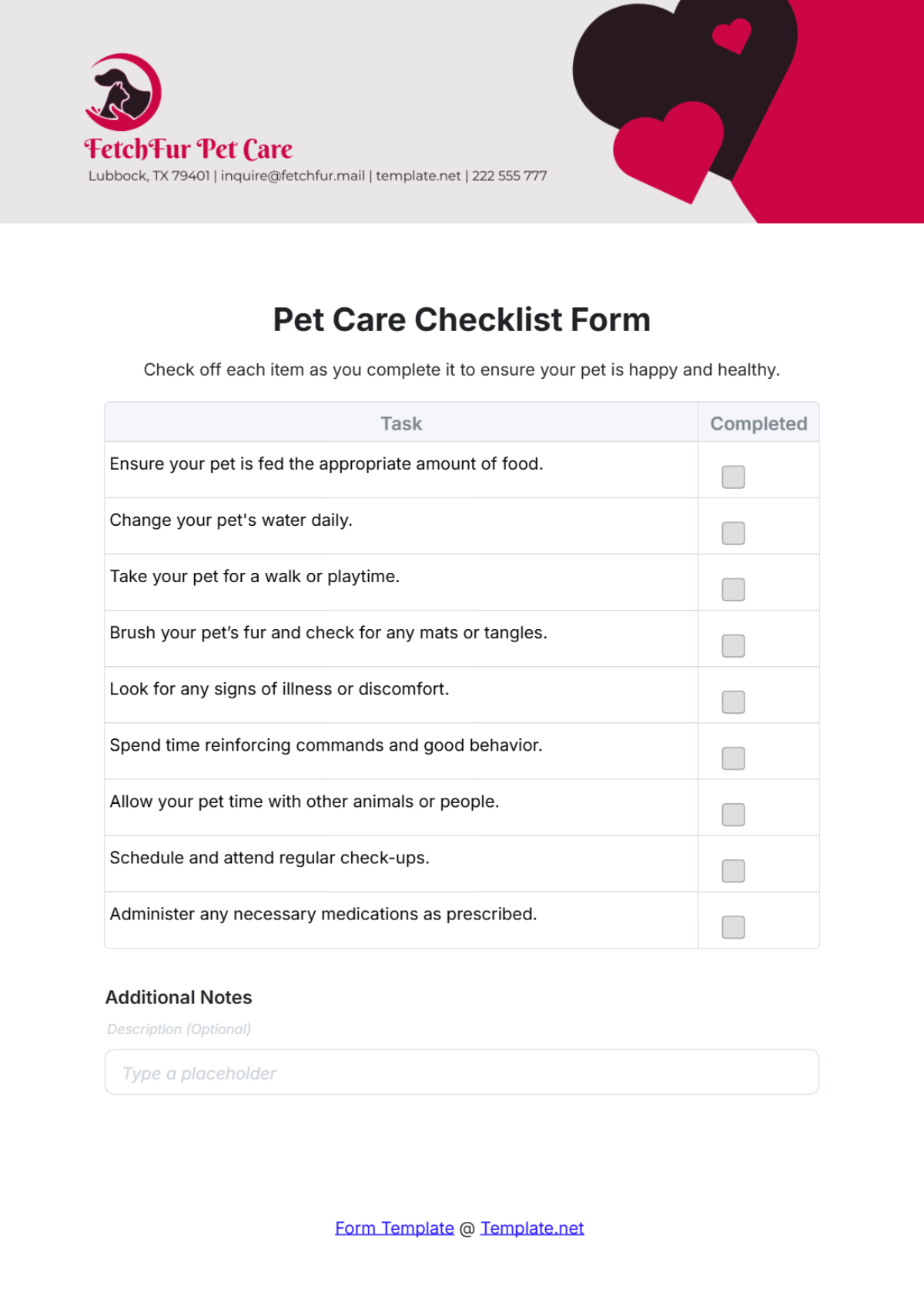 Pet Care Checklist Form Template