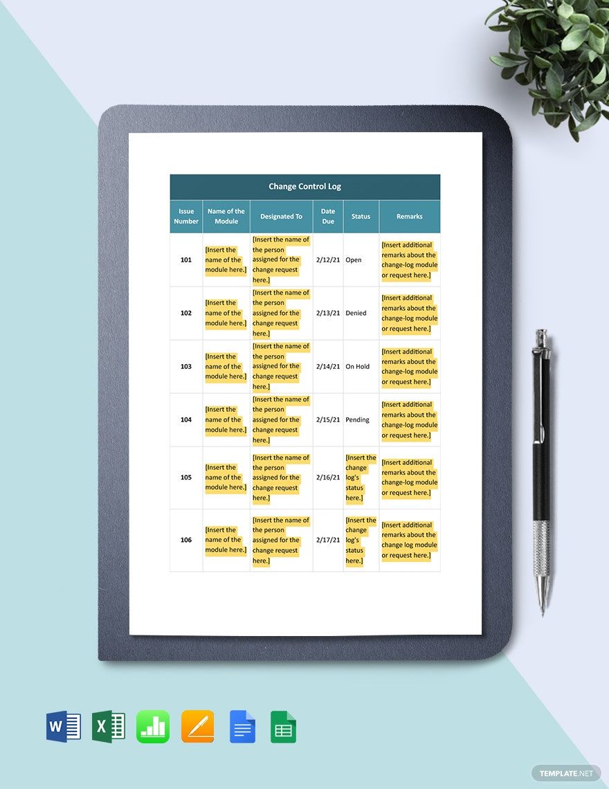 Change Control Log Template