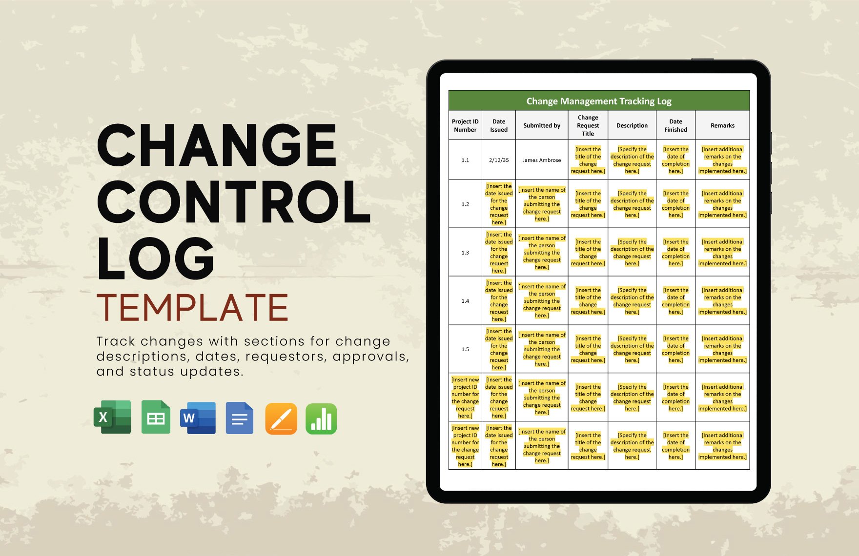 Change Control Log Template in Apple Pages, Apple Numbers, Word, Excel, Google Sheets, Google Docs - Download | Template.net