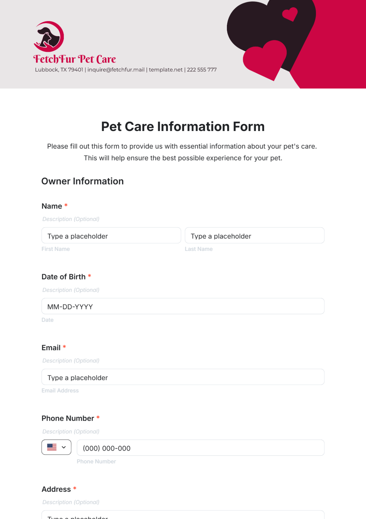 Pet Care Information Form Template - Edit Online & Download