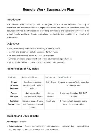 Free Remote Work Succession Plan Template to Edit Online