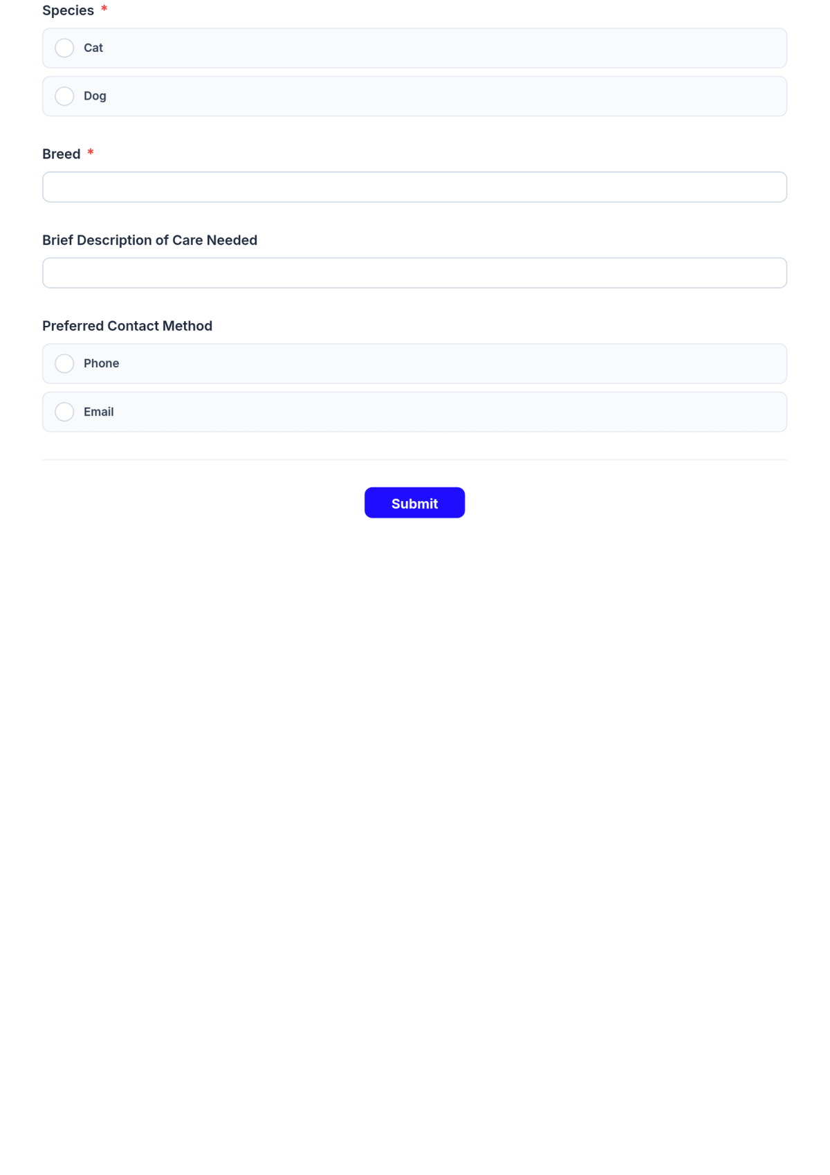 Free Pet Care Contact Form Template & AI Pet Care Contact Form Maker
