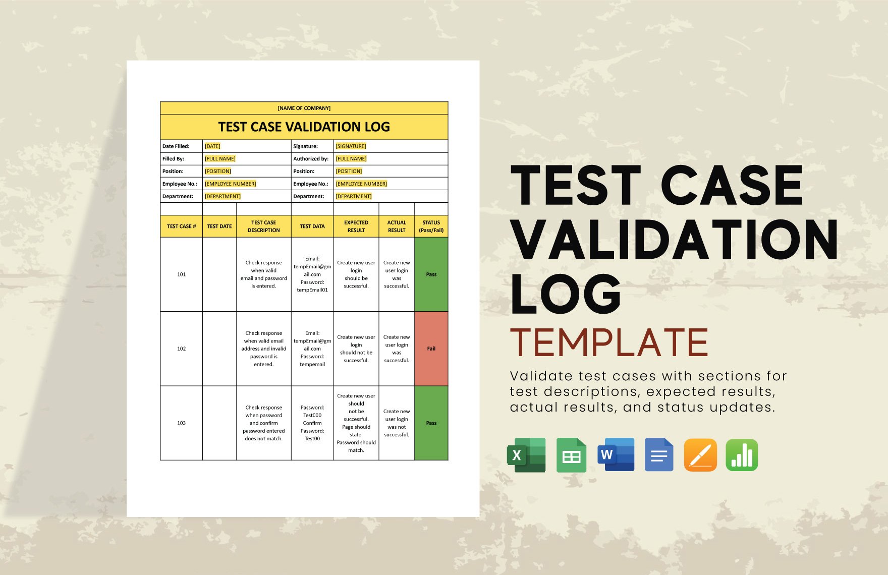Test Case Validation Log Template in Word, Google Docs, Excel, Google Sheets, Apple Pages, Apple Numbers