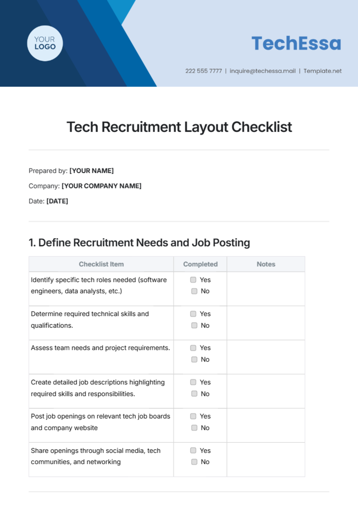 Tech Recruitment Layout Checklist Template - Edit Online & Download