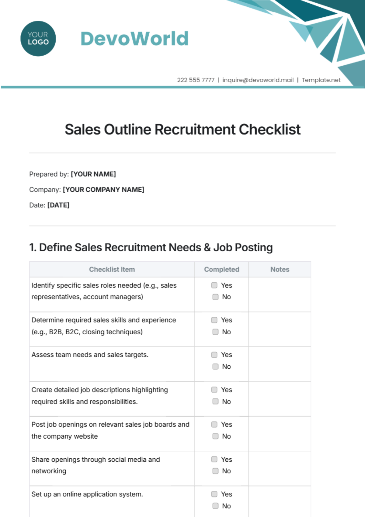 Sales Outline Recruitment Checklist Template - Edit Online & Download