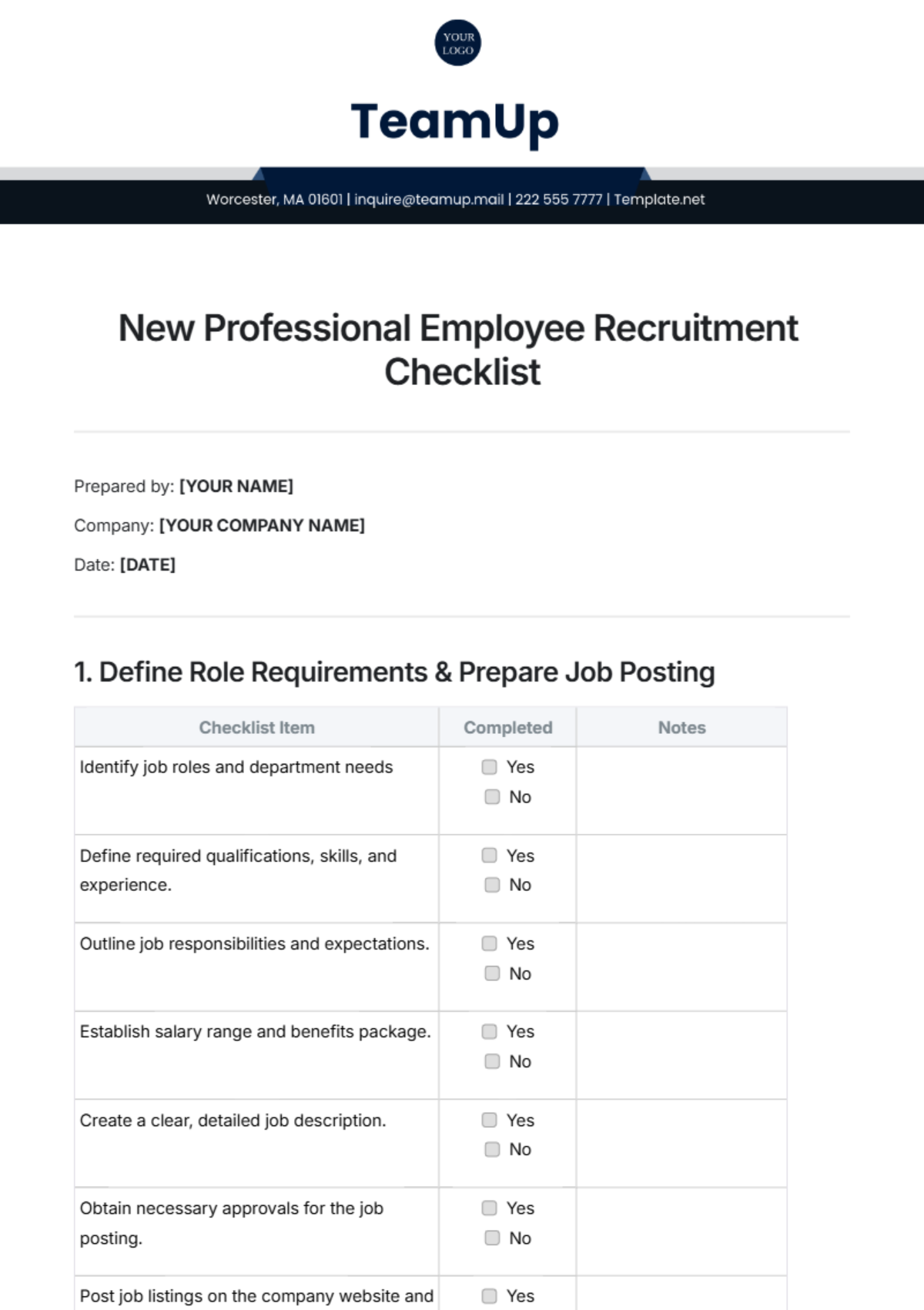 New Professional Employee Recruitment Checklist Template