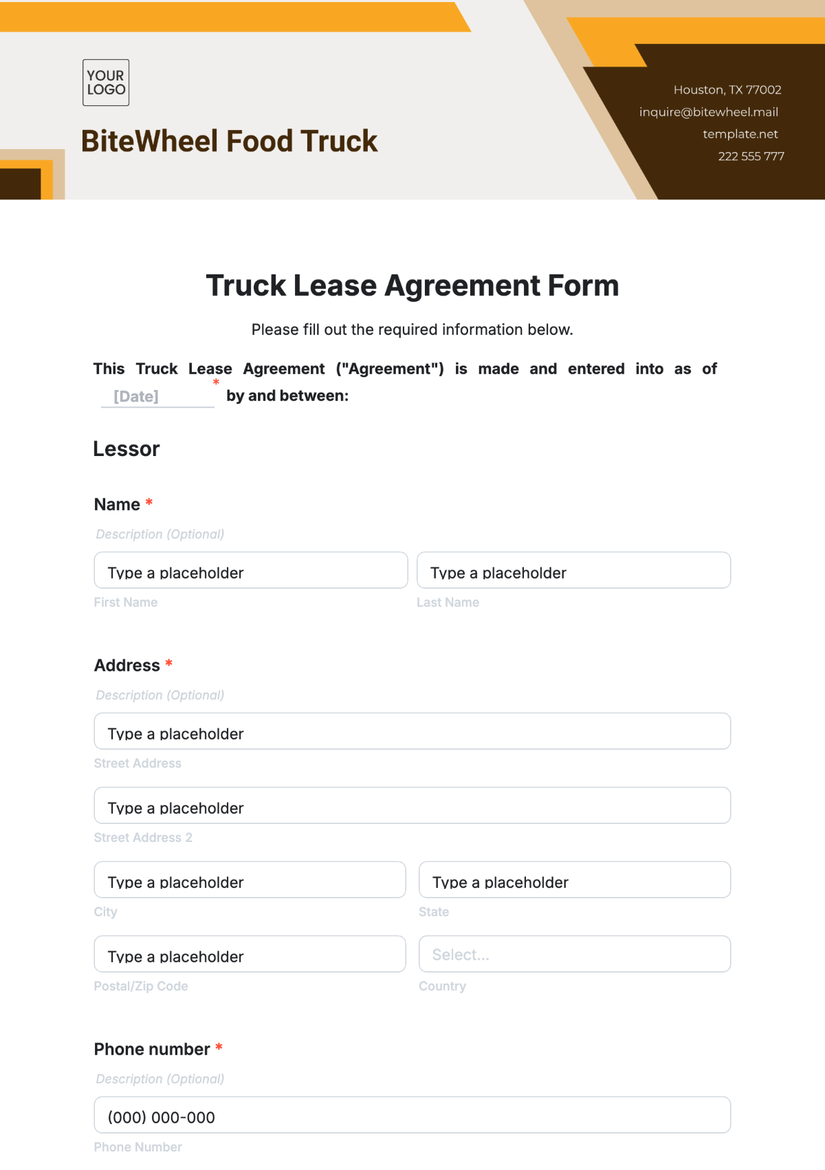 Truck Lease Agreement Form Template - Edit Online & Download