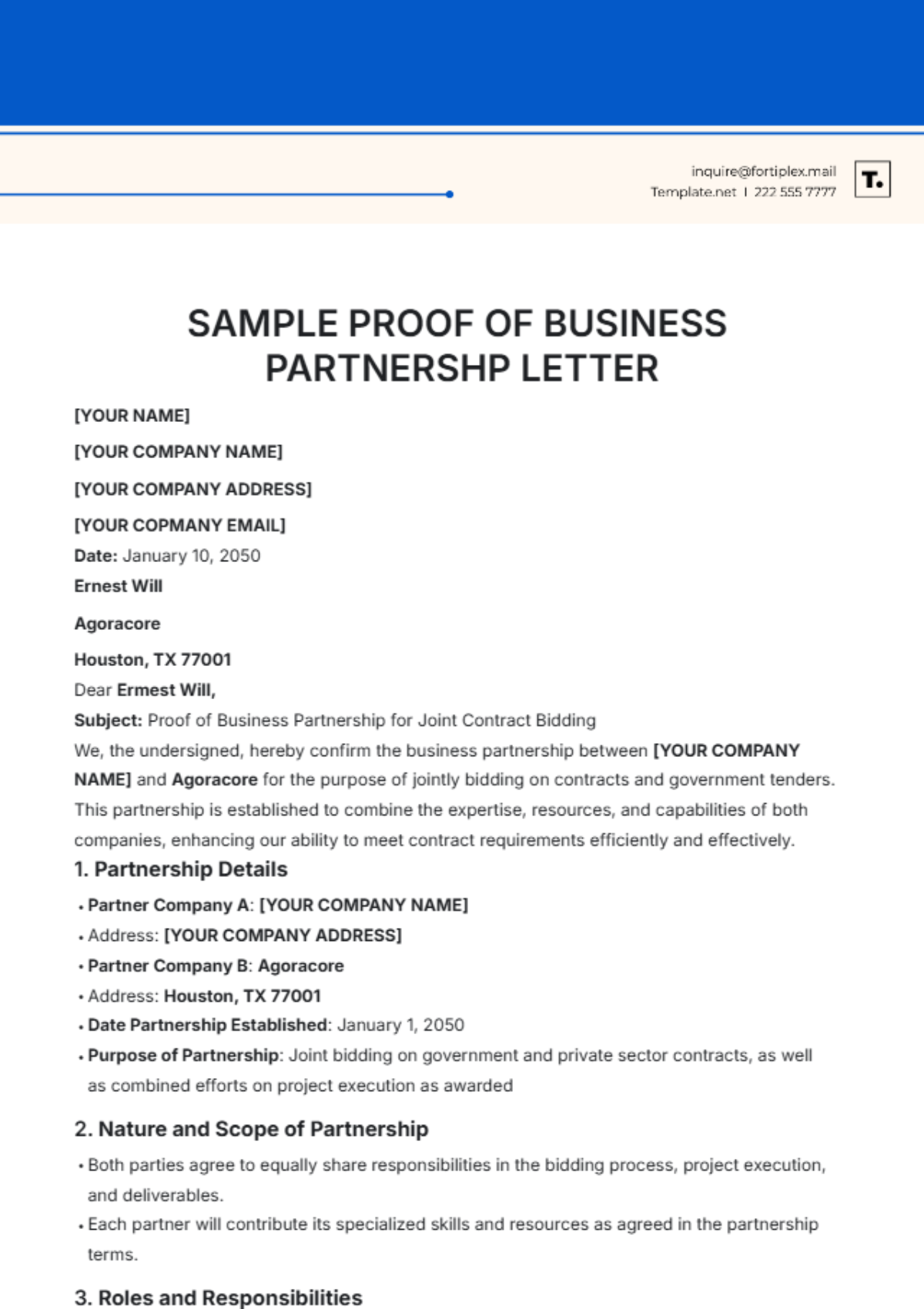 Sample Proof of Business Partnership Letter Template - Edit Online & Download