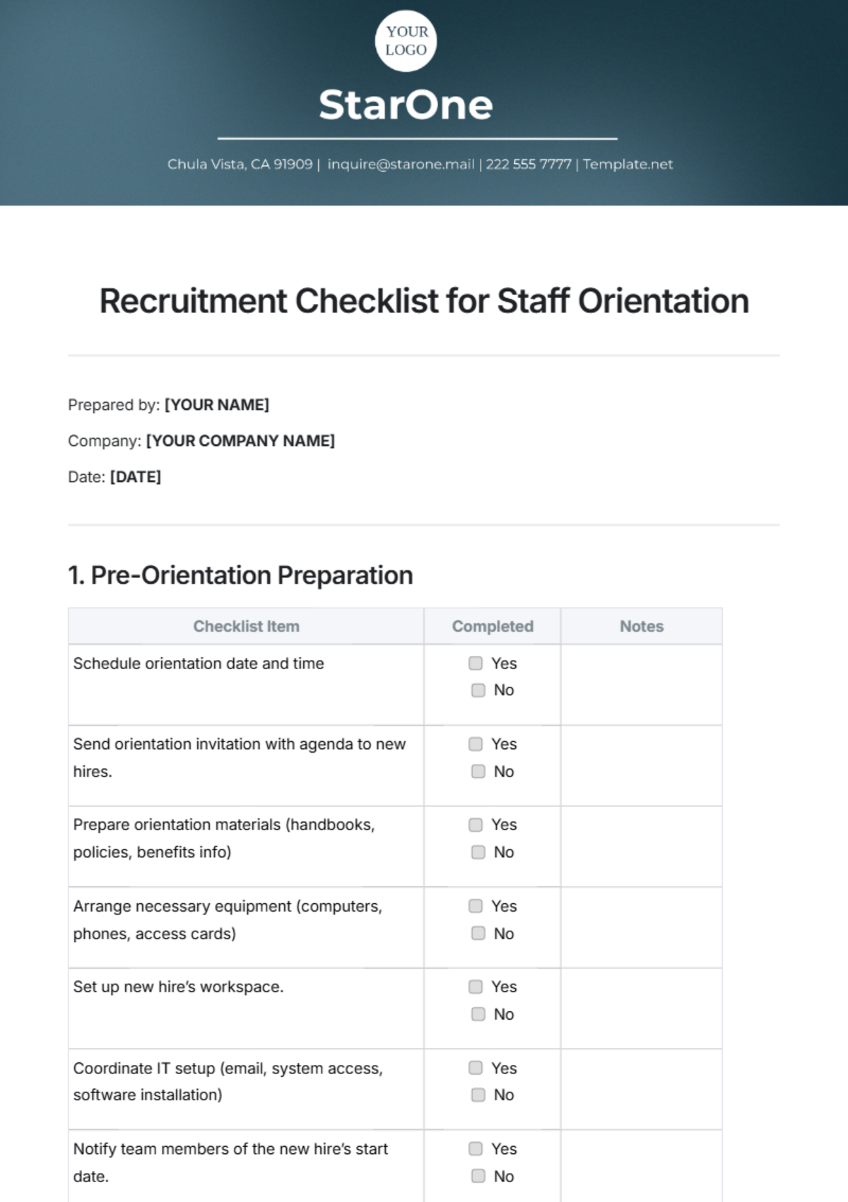 Recruitment Checklist for Staff Orientation Template - Edit Online & Download