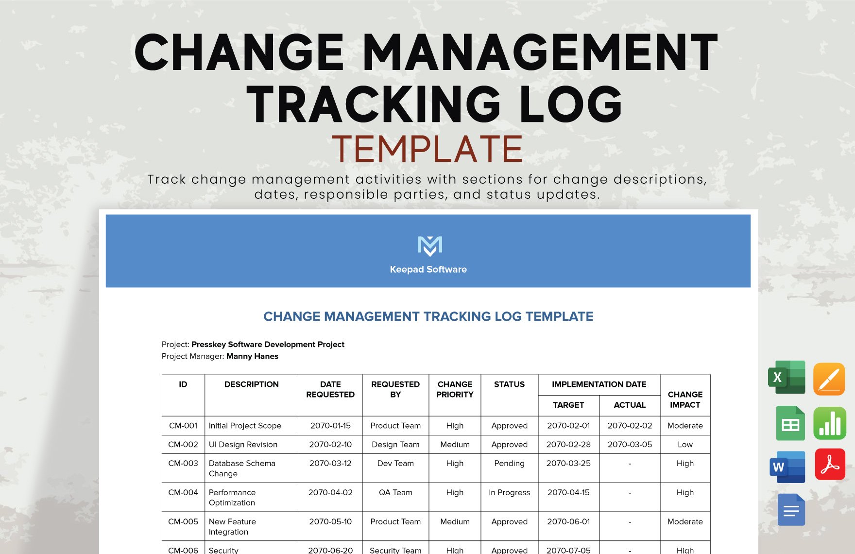 Free Change Management Tracking Log Template in Word, Google Docs, Excel, PDF, Google Sheets, Apple Pages, Apple Numbers
