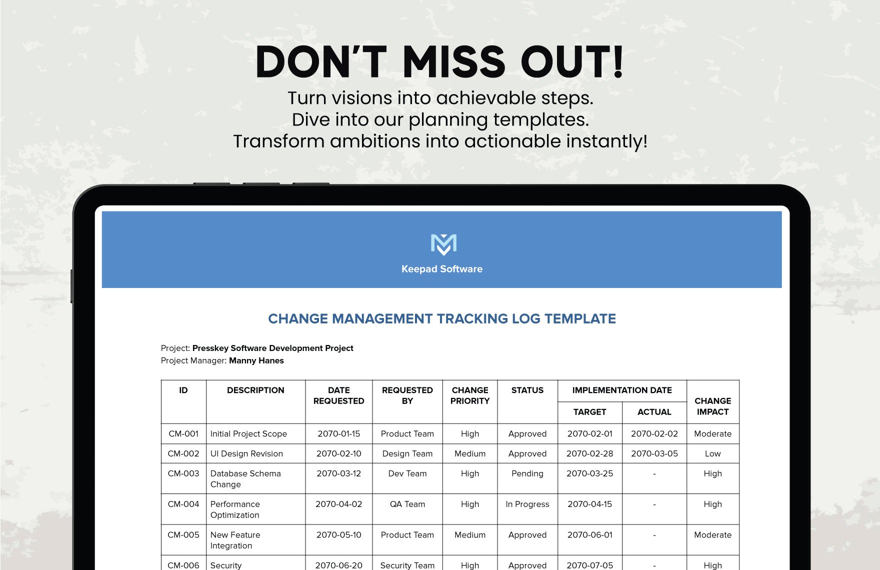 Change Management Tracking Log Template