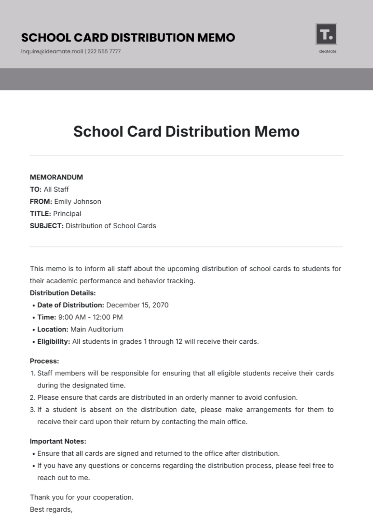 School Card Distribution Memo Template - Edit Online & Download