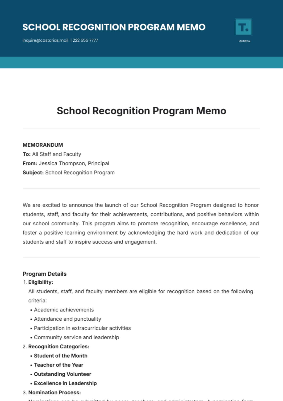 School Recognition Program Memo Template