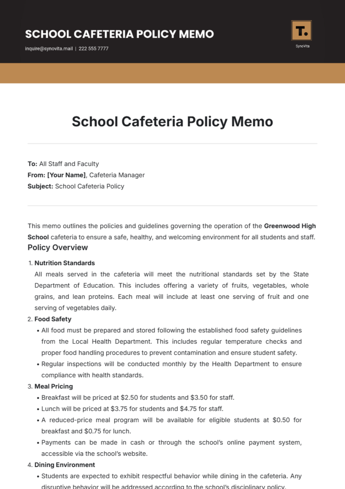 School Cafeteria Policy Memo Template